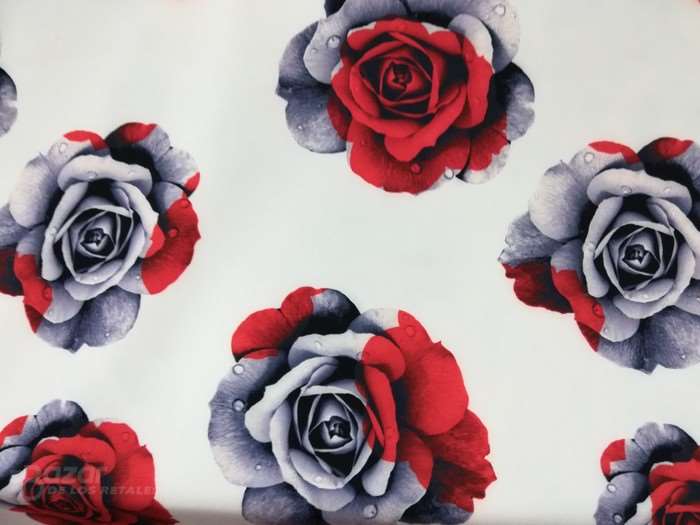 Tejido plana bielastica estampado con rosas rojas y grises